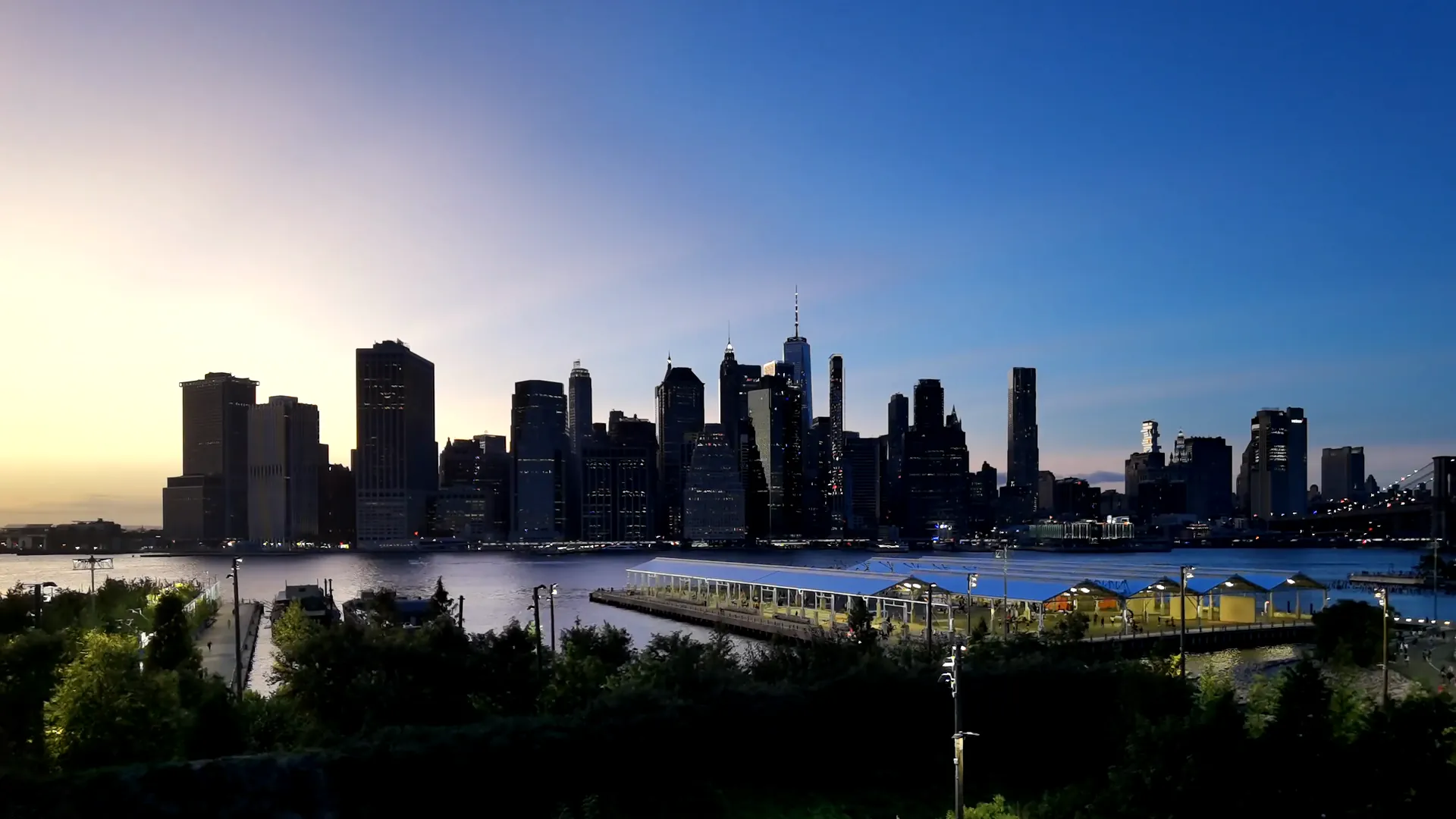 Lower Manhattan from Brooklyn at sunset.